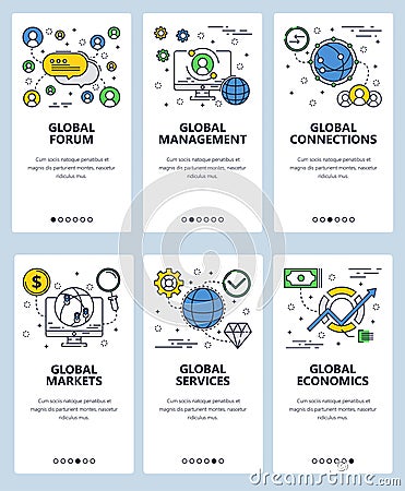 Vector web site linear art onboarding screens template. Global forum and business networking. Menu banners for website Vector Illustration