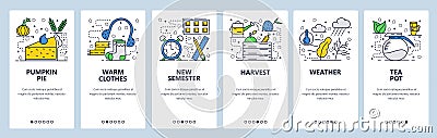 Vector web site linear art onboarding screens template. Harvest, college semester, pumpkin pie, weather. Menu banners Vector Illustration