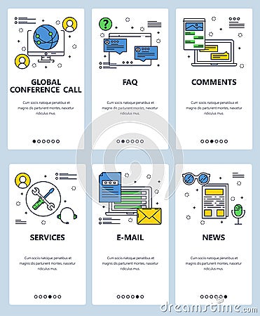 Vector web site linear art onboarding screens template. Internet online services, email, faq, comments. Menu banners for Vector Illustration
