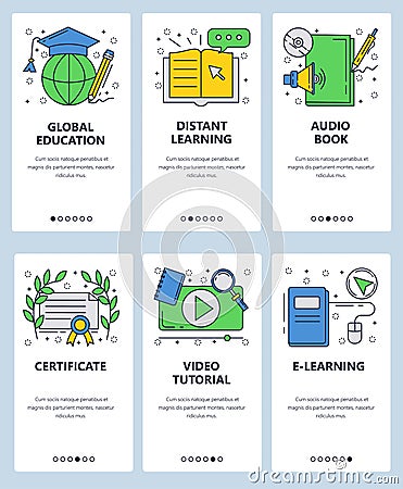 Vector web site linear art onboarding screens template. Online education and e-learning. Video tutorials and courses Vector Illustration