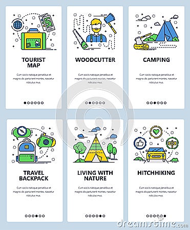 Vector web site linear art onboarding screens template. Outdoor travel, hiking and camping. Woodcutter, tourist map and Vector Illustration