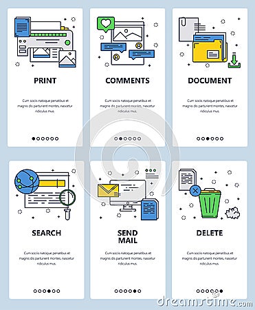 Vector web site linear art onboarding screens template. Printer, computer and internet icons. Menu banners for website Vector Illustration