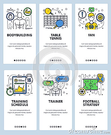 Vector web site linear art onboarding screens template. Sport and fitness. Bodybuilding and football trainer. Menu Vector Illustration