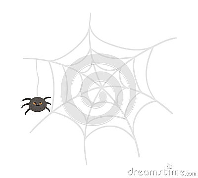 Vector web and spider with orange eyes. Halloween character icon. Cute autumn all saints eve illustration with scary black insect Vector Illustration