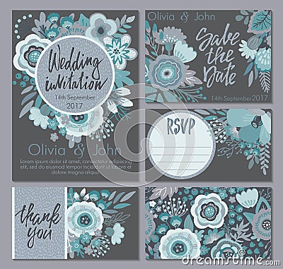 Vector wedding collection. Templates for invitation, thank you card, save the date, RSVP Vector Illustration