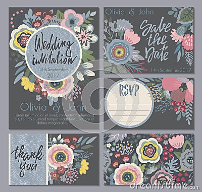 Vector wedding collection. Templates for invitation, thank you card, save the date, RSVP Vector Illustration