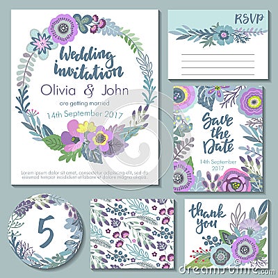 Vector wedding collection. Templates for invitation, thank you card, save the date, RSVP Vector Illustration