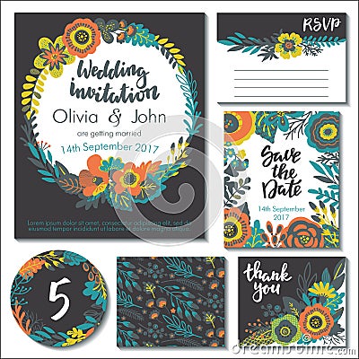 Vector wedding collection. Templates for invitation, thank you card, save the date, RSVP Vector Illustration
