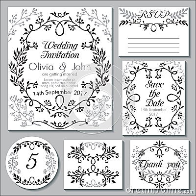 Vector wedding collection. Templates for invitation, thank you card, save the date, RSVP Vector Illustration