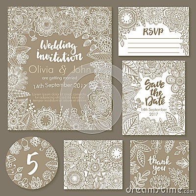 Vector wedding collection. Templates for invitation, thank you card, save the date, RSVP Vector Illustration