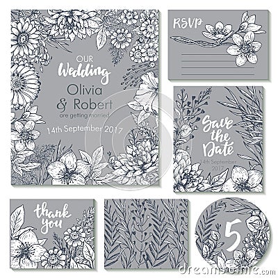 Vector wedding collection. Templates for invitation, thank you card, save the date, RSVP Stock Photo