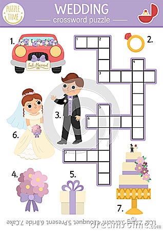 Vector wedding crossword puzzle for kids. Simple marriage ceremony quiz for children. Matrimony educational activity with bride Vector Illustration