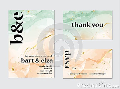 Vector wedding invitation alcohol ink card. Calligraphy artistic greeting card, holiday invitation in green orange ink with gold Vector Illustration