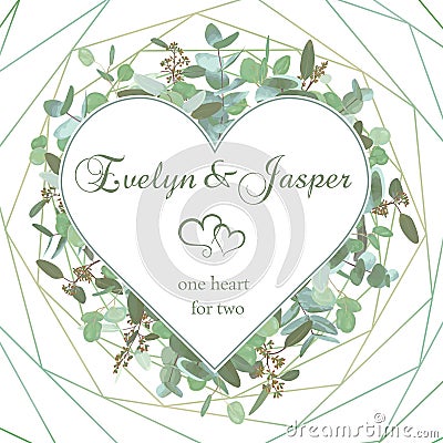Vector wedding invitation flyer. Square valentine heart frame with set branches and leaves eucalyptus gunnii, silver dollar, Vector Illustration