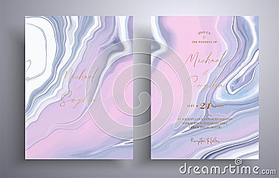 Vector wedding invitation with marble pattern. Pink, blue and white overflowing colors. Beautiful cards that can be used Vector Illustration