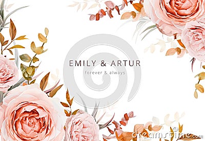 Vector wedding invite card, poster, banner design. Warm fall colors. Pink, blush peach Rose flowers, autumn brown beige, orange Vector Illustration