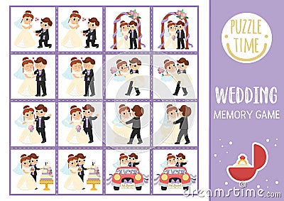 Vector wedding memory game cards with cute just married couple. Marriage ceremony matching activity. Remember and find correct Vector Illustration