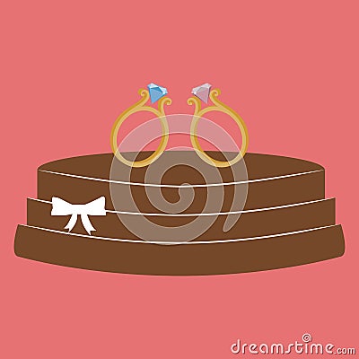 Vector wedding minimalistic greeting card with cake and diamond rings isolated on pink background Vector Illustration