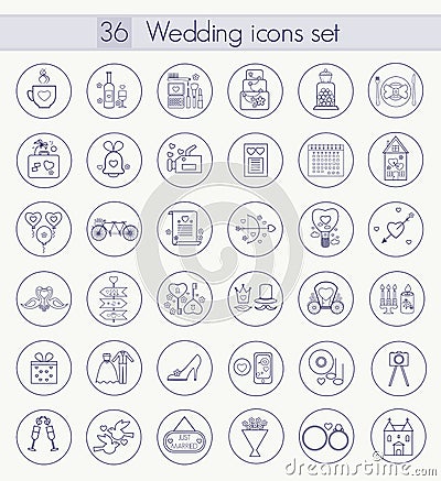 Vector Wedding Outline icon set. Thin line style design. Vector Illustration