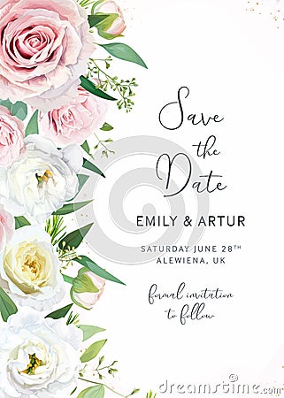 Vector wedding save the date, invitation card. Watercolor muted pink, yellow garden rose flowers, lisanthus, seeded eucalyptus, Vector Illustration