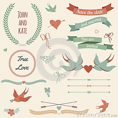 Vector wedding set with birds, hearts, arrows, ribbons, wreaths, flowers, bows, laurel. Vector Illustration