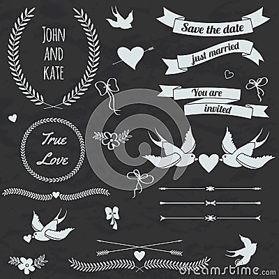 Vector wedding set with birds, hearts, arrows, ribbons, wreaths Vector Illustration
