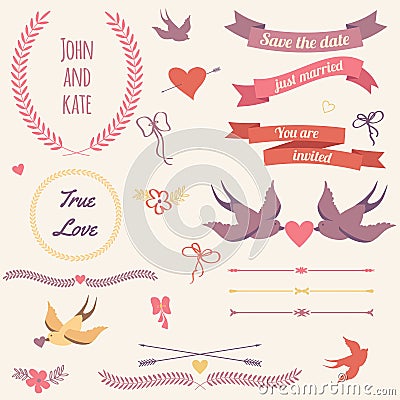 Vector wedding set with birds, hearts, arrows, ribbons, wreaths, flowers, bows, laurel. Vector Illustration