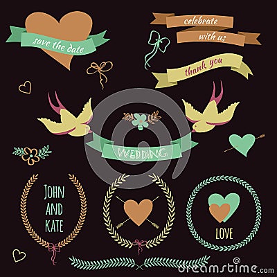 Vector wedding set with birds, hearts, arrows, ribbons, wreaths, flowers, bows, laurel. Vector Illustration