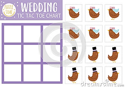 Vector wedding tic tac toe chart with bride and groom birds. Marriage ceremony board game playing field with cute characters. Vector Illustration