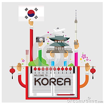 Vector welcome set korea Seoul lamp cozy arm and hand Vector Illustration