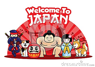 Welcome to japan with cute characters Vector Illustration