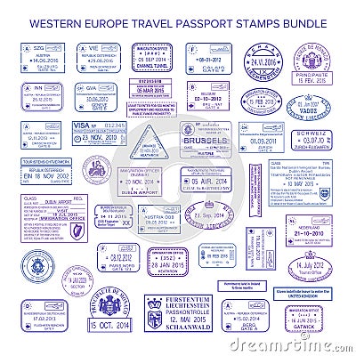 Vector western europe common travel visa stamps set Vector Illustration