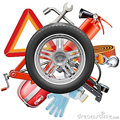 Vector Wheel with Car Accessories Vector Illustration