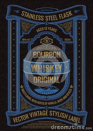 Vector whiskey label, sticker on bottle or flask of alcoholic drink. Vertical black bourbon logo with logo Vector Illustration