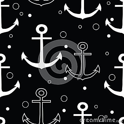 Vector white anchors repeat seamless pattern with circles on black background Stock Photo