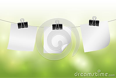 Vector white blank paper notes hanging on string with green blurred background Vector Illustration