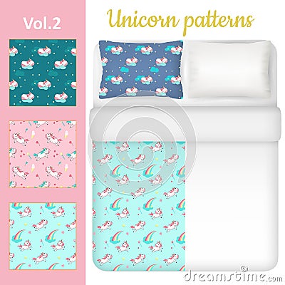 Vector white blank and unicorn bed linen set Vector Illustration