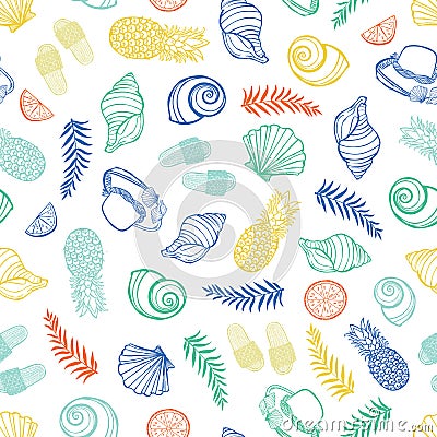 Vector white colorful tropical beach pattern with seashells, pinapples and hats. Perfect for fabric, scrapbooking Vector Illustration