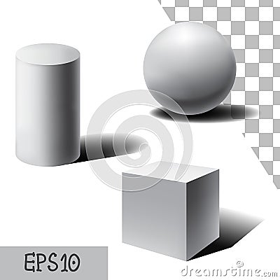 Vector white 3D sphere, cube and cylinder. with shadows Vector Illustration