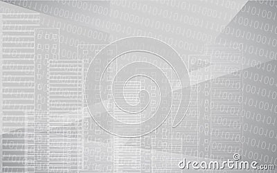Vector white grey city background with buildings. City scene. Big skyscrapers panorama with binary code. Technology design. Vector Illustration