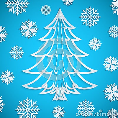 Vector white paper Christmas tree on the blue background with snowflakes Vector Illustration