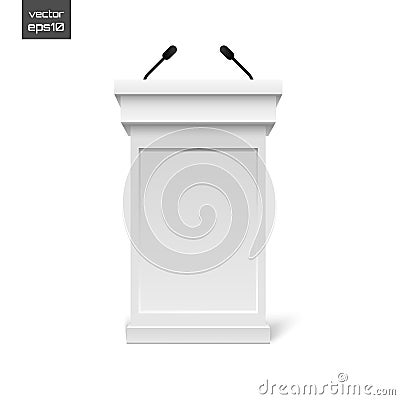 Vector White Podium Tribune Rostrum Stand with Microphones Isolated Vector Illustration