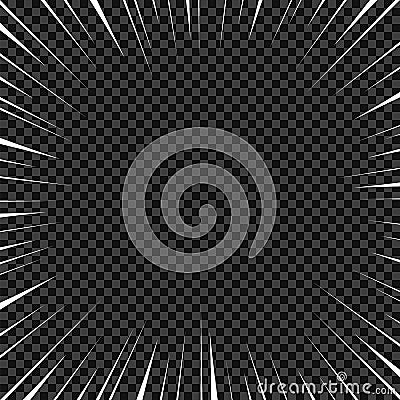 Vector white radial lines for comics, superhero action. Manga frame speed, motion, explosion background. Isolated background. Vector Illustration