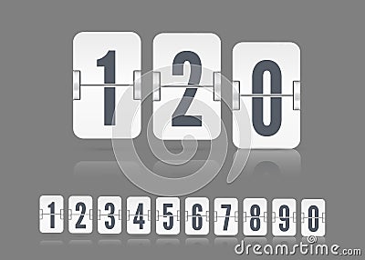 Vector white scoreboard numbers with reflections floating on different height for flip countdown timer or calendar. Vector Illustration