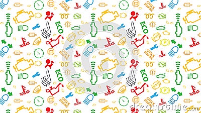 Vector white seamless pattern. Car dashboard icons texture. Repeating dtc code signs. Coloured, irregular, check engine big sign. Stock Photo