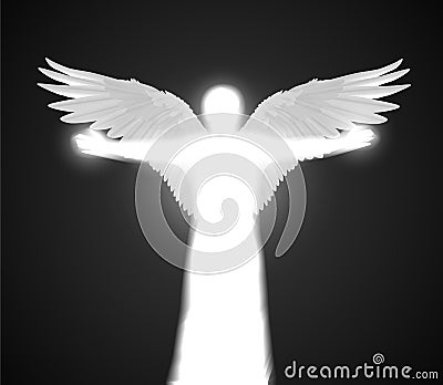 Vector white shining angel figure with wings and spread hands on dark background Vector Illustration