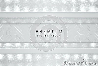 Vector white and silver abstract headline luxury frame. Sparkling sequins on light gray background. Horizontal line premium label Vector Illustration