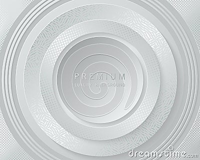 Vector white and silver abstract round luxury frame. Geometric platinum pattern, sparkling sequins on gray background. Premium Vector Illustration
