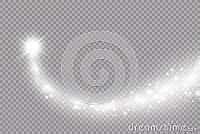 Vector white sparkling falling star. Stardust trail. Cosmic glittering wave. PNG. Vector Illustration