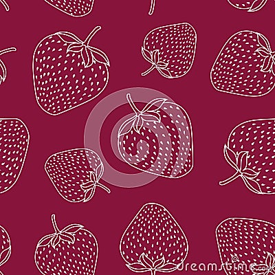 Seamless vector pattern with white line strawberries on raspberry red background Stock Photo